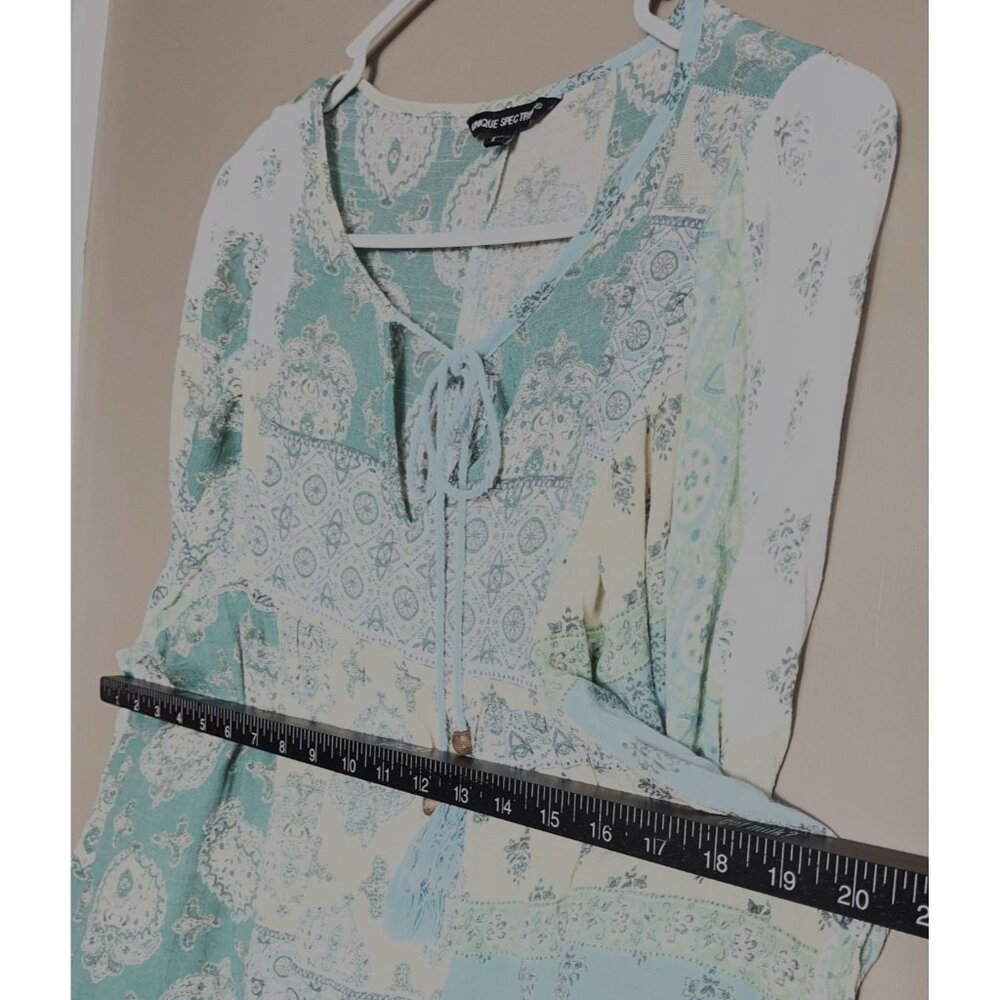 Patchwork Boho Top Aqua Gauze Balloon Sleeves Ethereal Cottage Fairy Coastal S - Picture 6 of 9